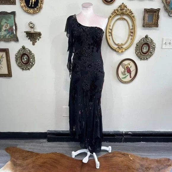 Vintage Sue Wong Nocturne Black Silk One Shoulder Beaded Evening Gown - Picture 1 of 6